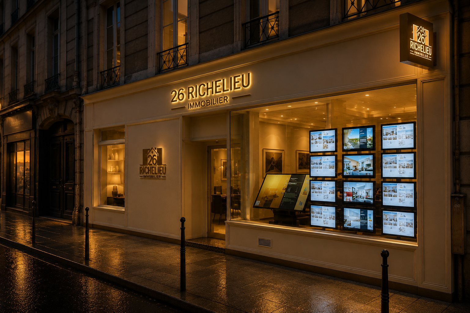 Vitrine de l'agence 26 Richelieu Immobilier, rue de Richelieu à Paris